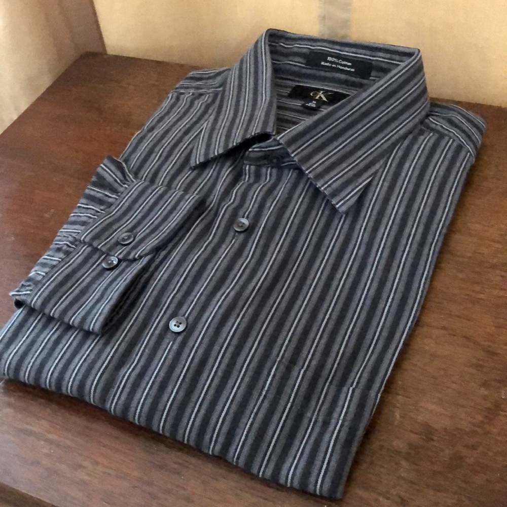 $69 Calvin Klein black & gray striped cotton dress shirt men’s 17.5 34/35 or XL